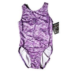 GK Elite Gymnastics Dance Racerback Keyhole Leotard Foil Hearts Purple Adult L